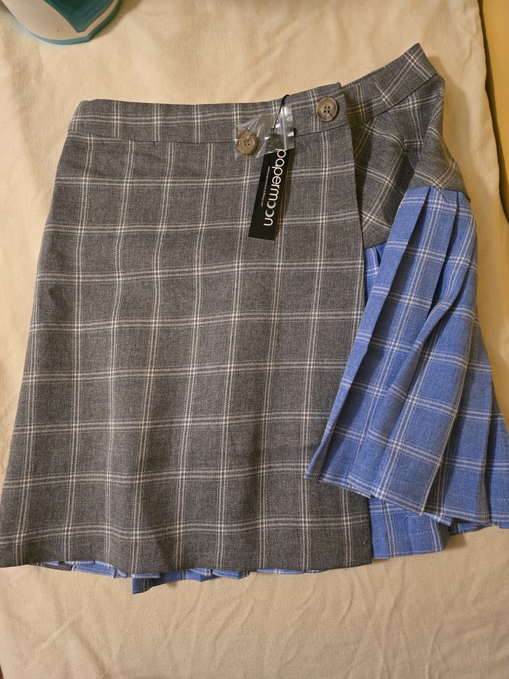 Papermoon Gray Plaid Skirt with Blue Pleated Panel